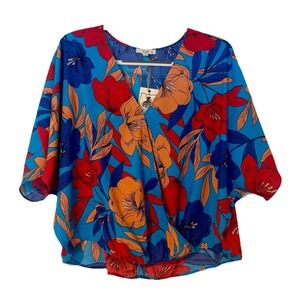 Easel Womens Small Floral Tropical Drop Shoulder Blouse Bold Colorful Maximalism